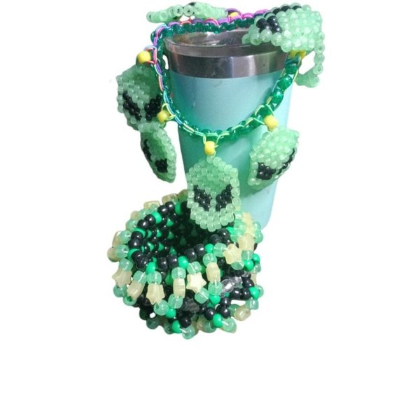 Green Glow-in-Dark Aliens Face Hanging from Kandi Rotating Cuff EDC Handmade !! - Picture 7 of 10